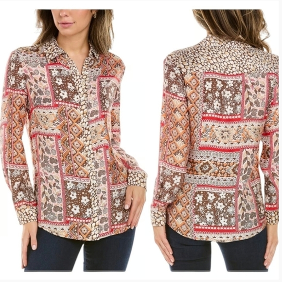 J. McLaughlin New Darcey Silk Blend Brown Patchwork Button Front Blouse SZ XL - Picture 1 of 11